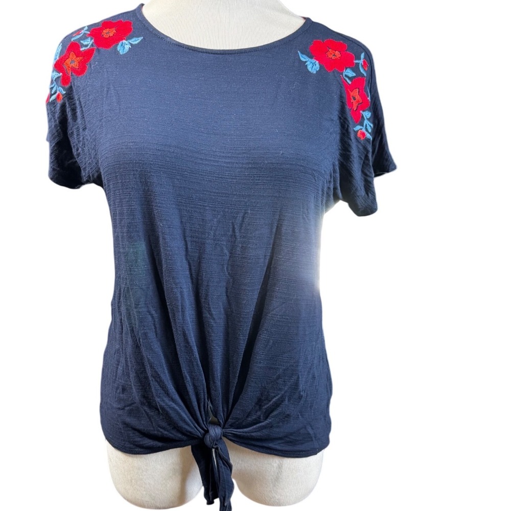 W5 Womens Navy Blue Floral Embroidered Tie Front Slub Knit Tee Shirt Small